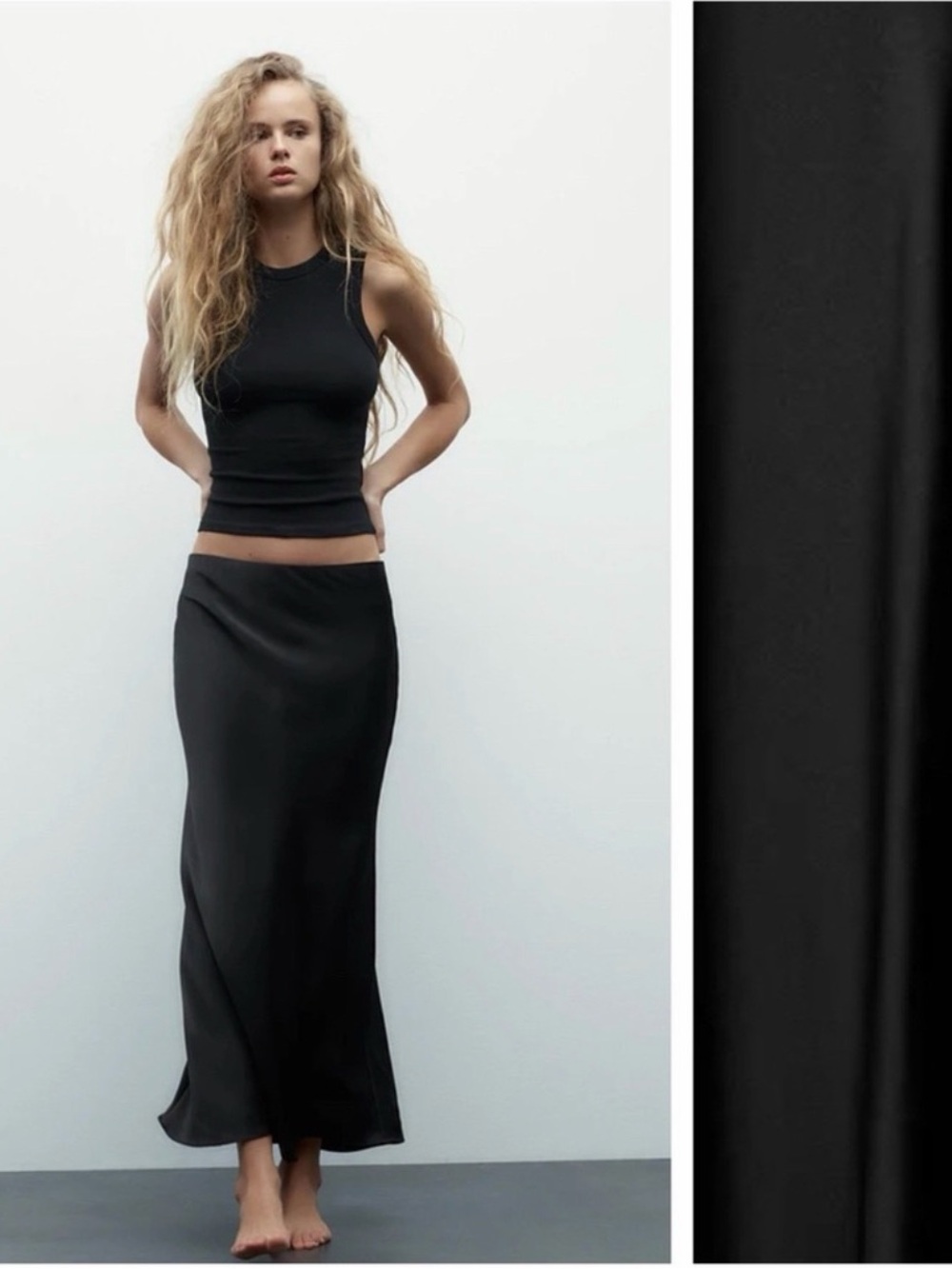 NWT. Zara Black Satin Effect Midi Skirt. Size XS.